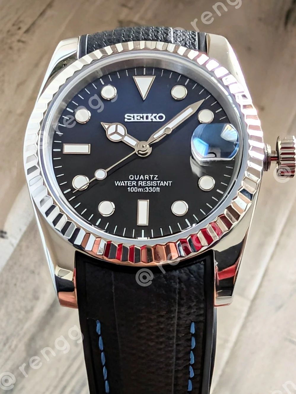 36mm Fluted Seiko Black Blue Mod Dress Watch Sapphire